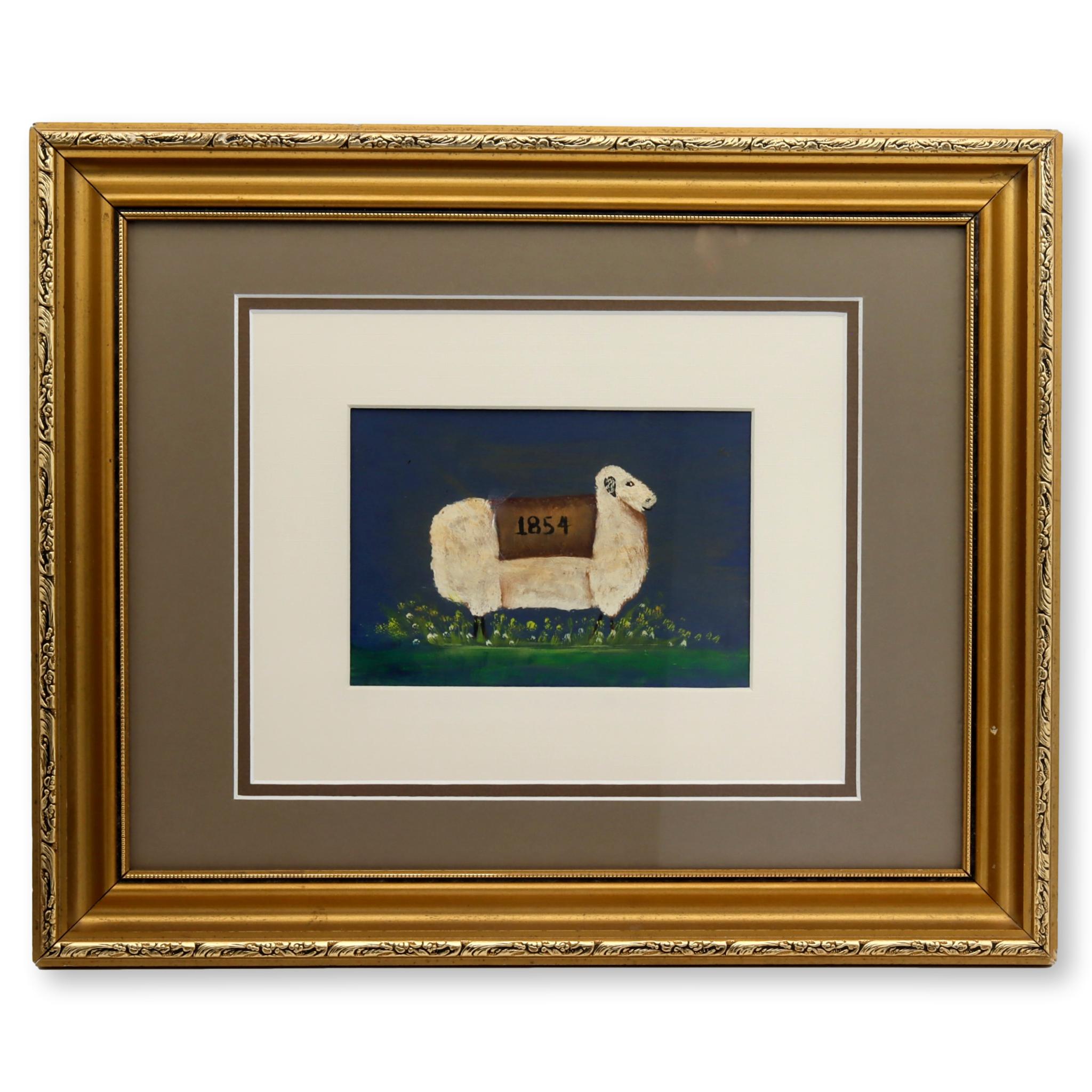 Framed Folk Art Sheep Water Color~P77665328