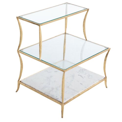 Hirsch Tiered Side Table, Gold/Specked White Marble~P111111682