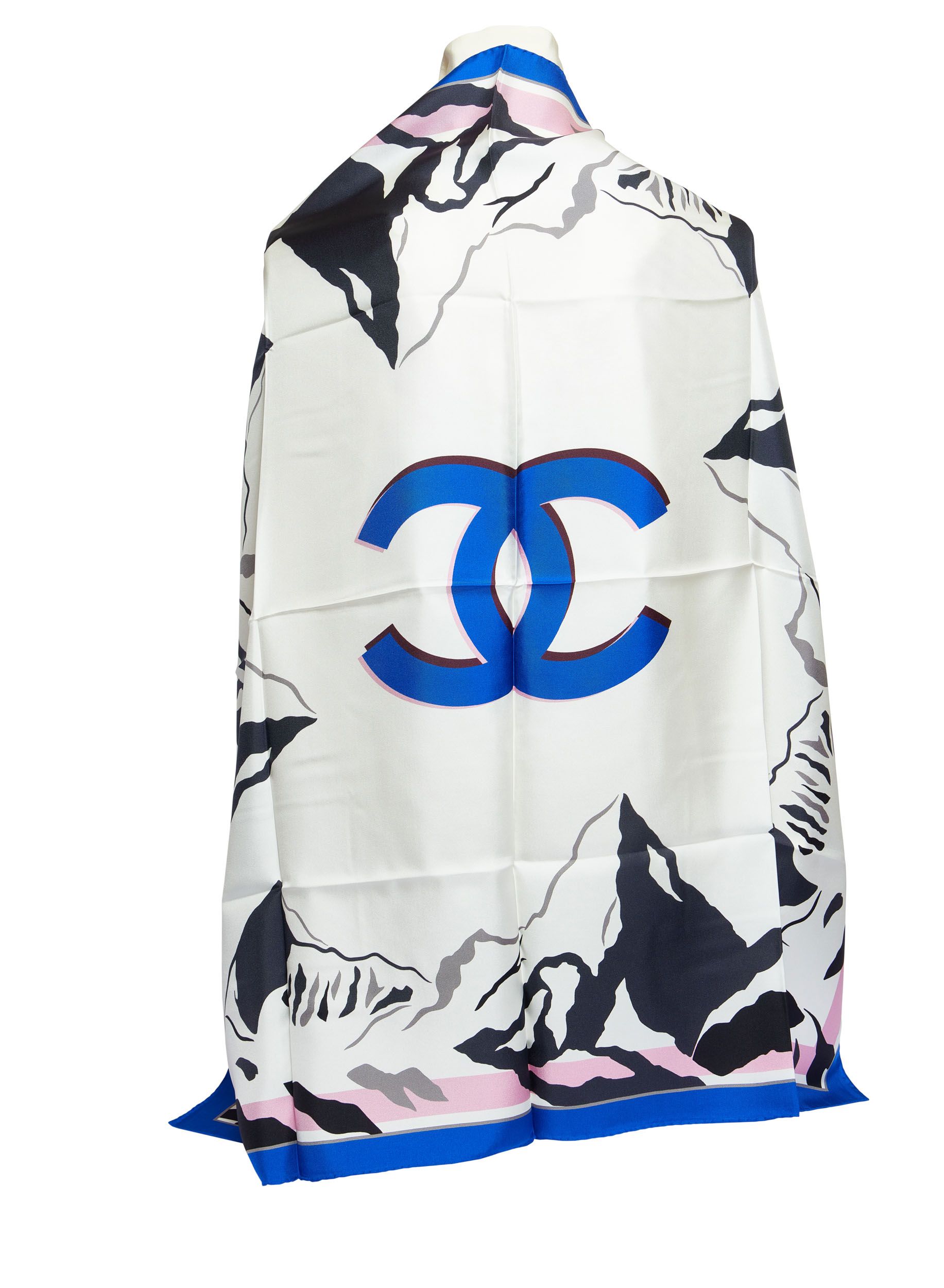 Chanel White Silk Blue CC Logo Scarf~P77645170