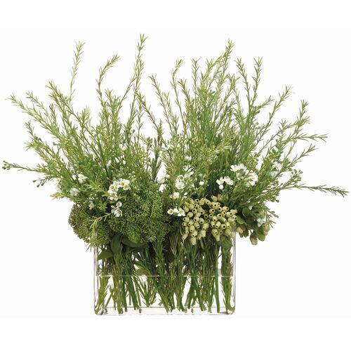 22" Wax Flower and Rosemary Arrangement in Glass Vase, Green