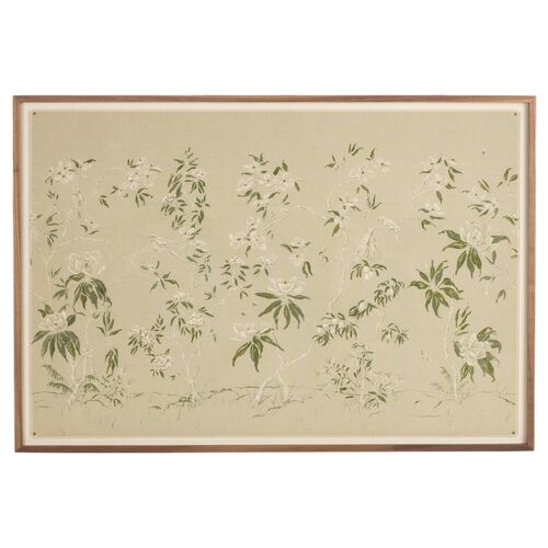 Linen Chinoiserie Painting by Laurel-Dawn Latshaw, Walnut Frame Linen Chinoiserie Painting by Laurel-Dawn Latshaw, Walnut Frame