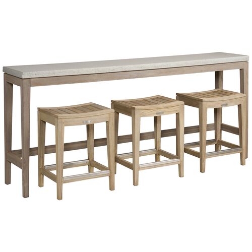 Coastal Living Montclair Outdoor Concrete Top Console w/ 3 Counter Stools, Warm Weathered Teak Coastal Living Montclair Outdoor Concrete Top Console w/ 3 Counter Stools, Warm Weathered Teak