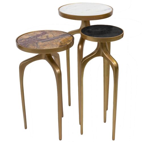 S/3 Top-Marble Mixer Tables, Black / White / Tan / Brass S/3 Top-Marble Mixer Tables, Black / White / Tan / Brass