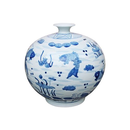 12" Feeding Fish Vase, Blue/White~P77445034