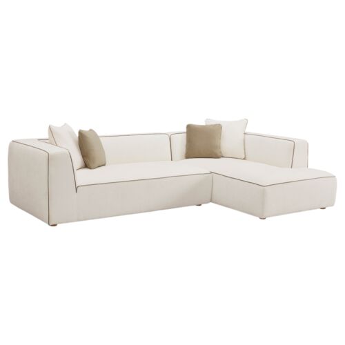 Yannis Linen Sectional Chaise, Cream/Contrast Piping