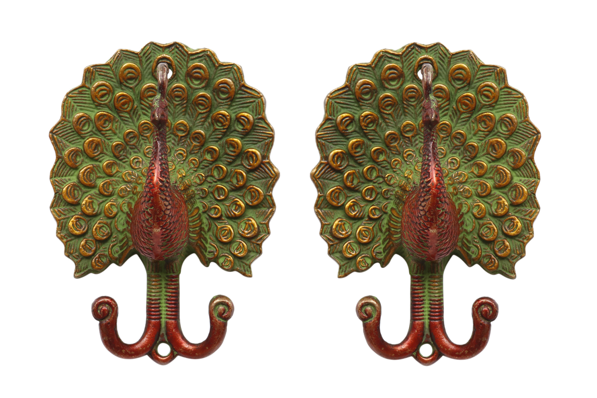 Green & Red Brass Peacock Wall Hooks~P77709806