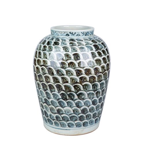 17" Rustic Jar With Fish Scale Pattern, Blue/White