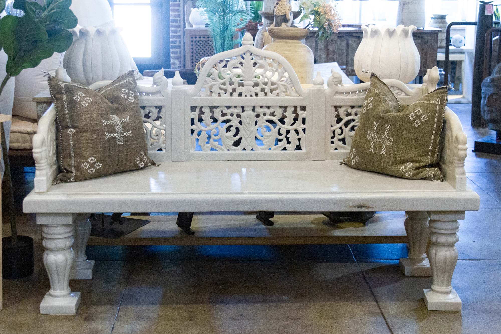 Royal Carved White Marble Garden Bench~P77677613