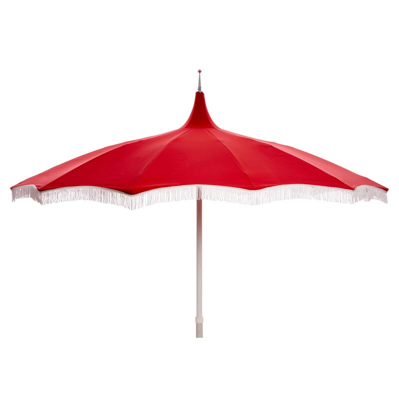 Ari Pagoda Fringe Patio Umbrella, Red/White