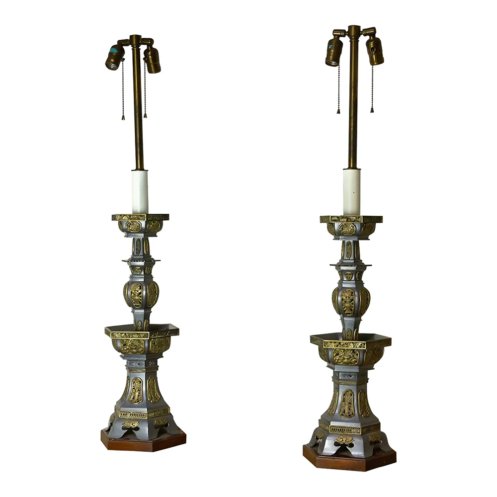 Pair of Antique Pewter Temple Lamp~P77718660