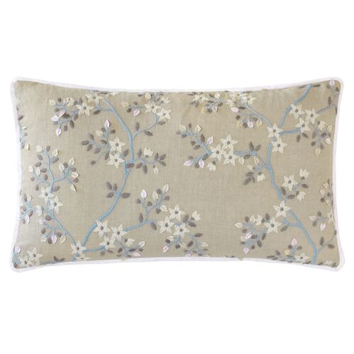 Sakura 13x22 Embroidered Floral Lumbar Pillow, Neutral