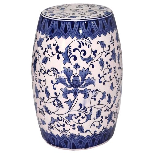 Drum Garden Stool, Blue & White