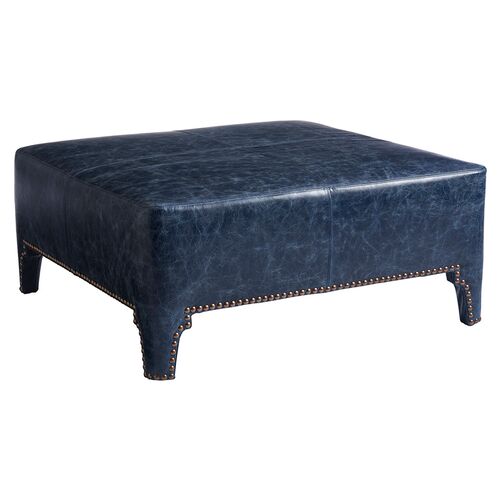Sheffield Cocktail Ottoman, Blue Leather~P77472162