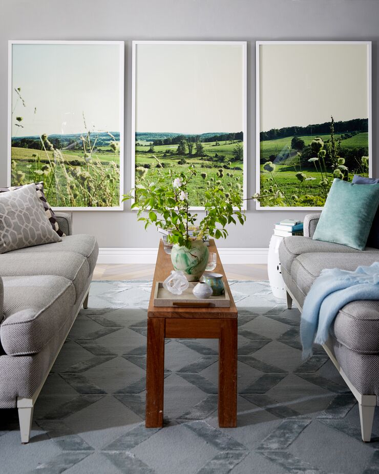 You can’t go wrong adding green via a verdant landscape such as photographer Christina Flynn’s triptych Hudson Valley. Art like this also makes up for a lack of windows. Find the rug here. 
