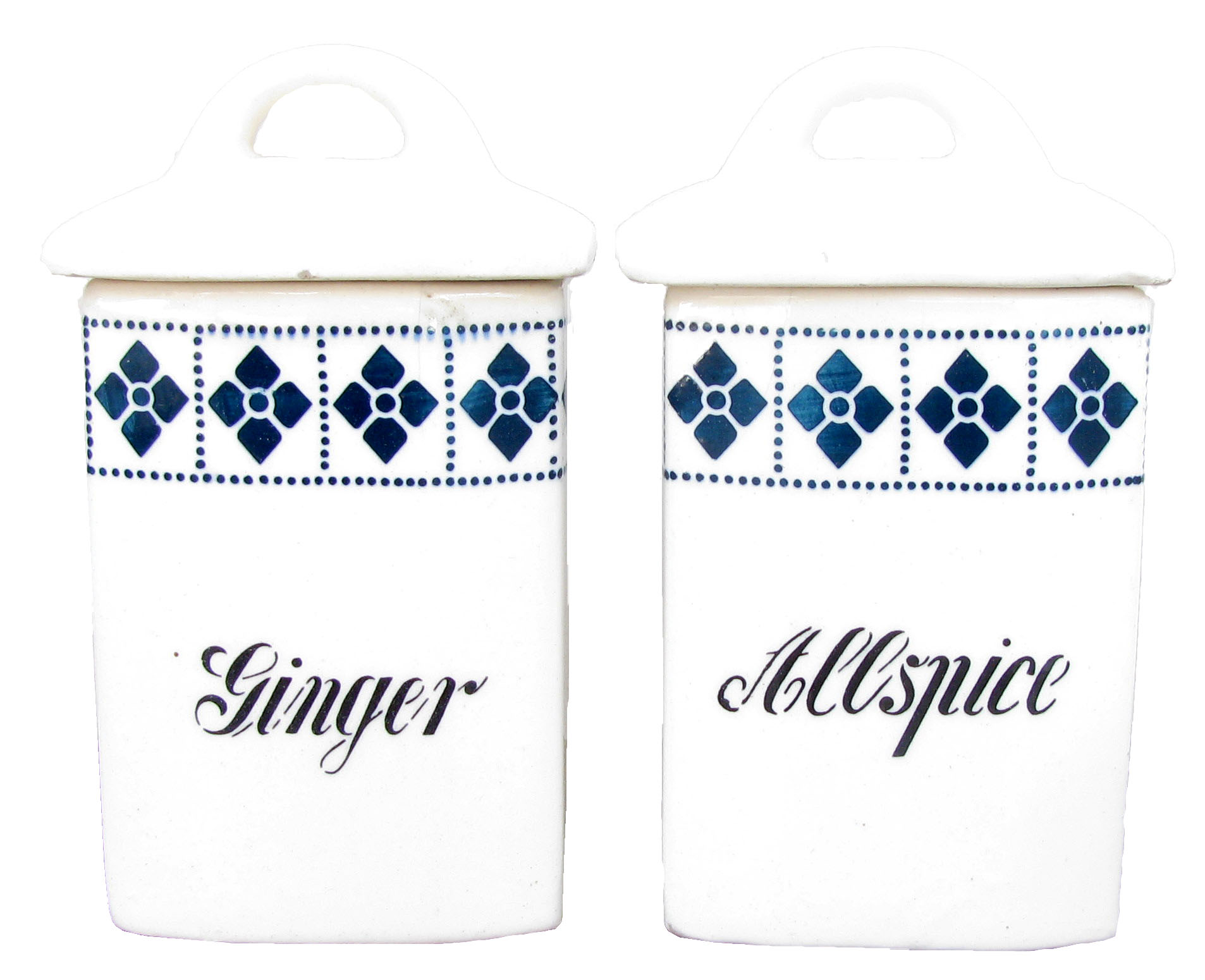 Blue & White Art Deco Spice Jars, Pair