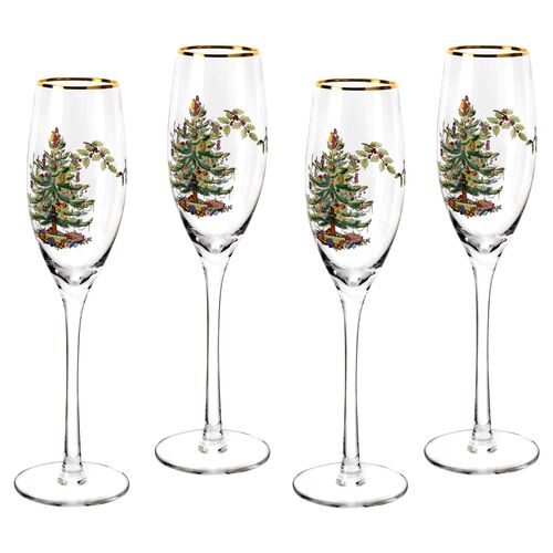 Spode Christmas Tree Champagne Fluted Glasses Set of 4~P61716704