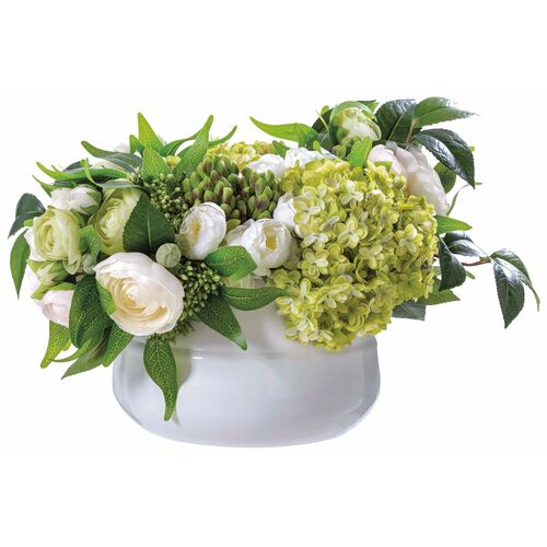 10" Ranun Bud Arrangement In Metal Planter, White