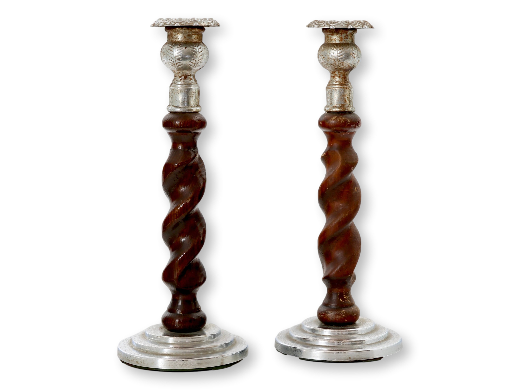1950s English Oak & Chrome Candlesticks~P77717205