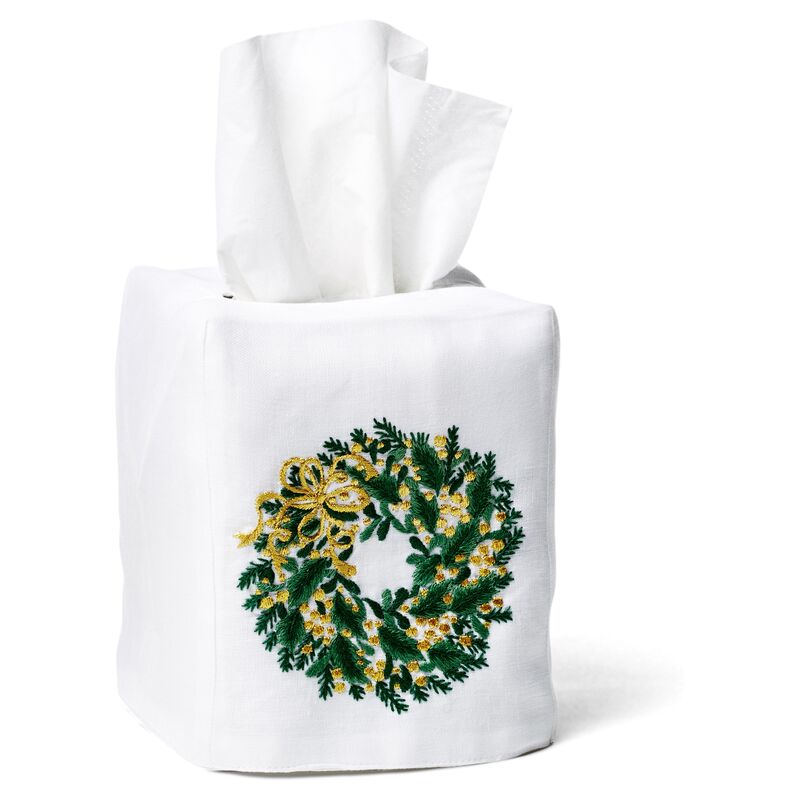 Evergreen Wreath Linen Tissue Box