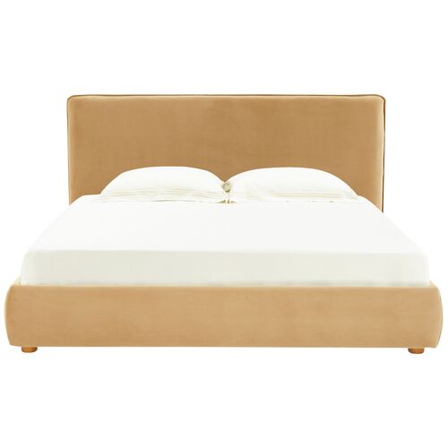 Laszlo Velvet Bed, Light Brown/Walnut