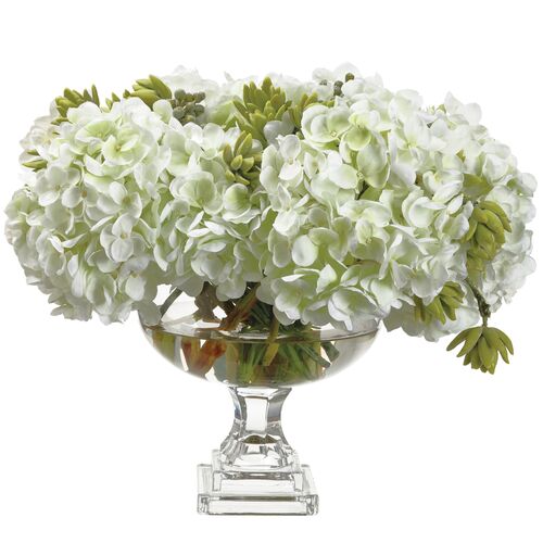 17" Hydrangea/Sedum Arrangement in Footed Glass Vase, Faux