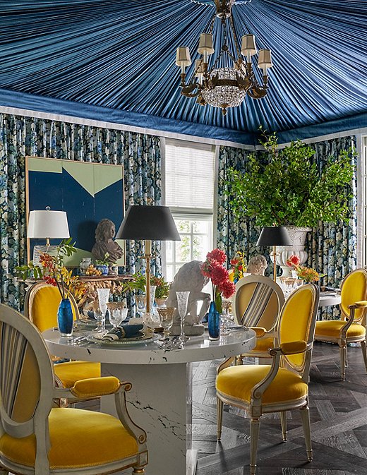 Corey Damen Jenkins & Associates used 200 yards of fabric on the ceiling of this dining room for the 2021 Kips Bay Dallas show house for maximum drama. Photo by Stephen Karlisch.
