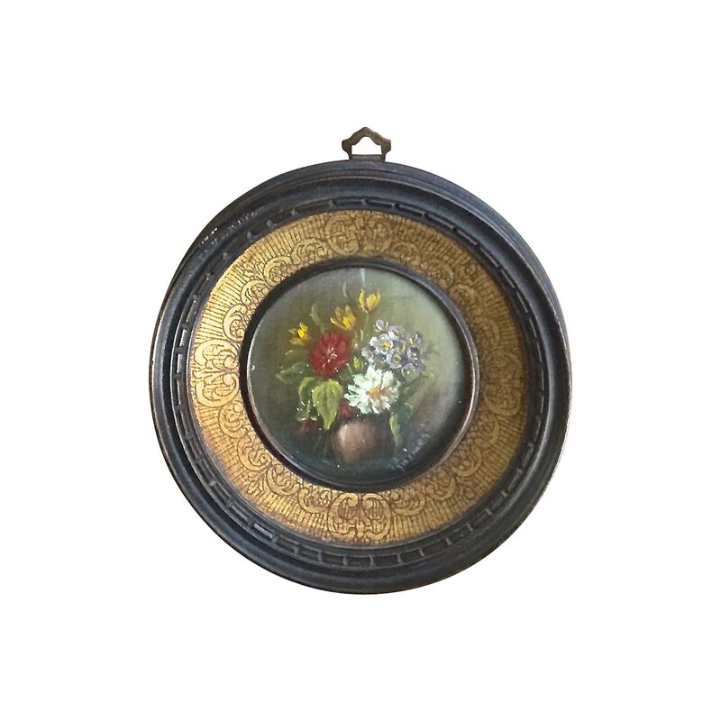 Round Miniature Antique Floral Painting