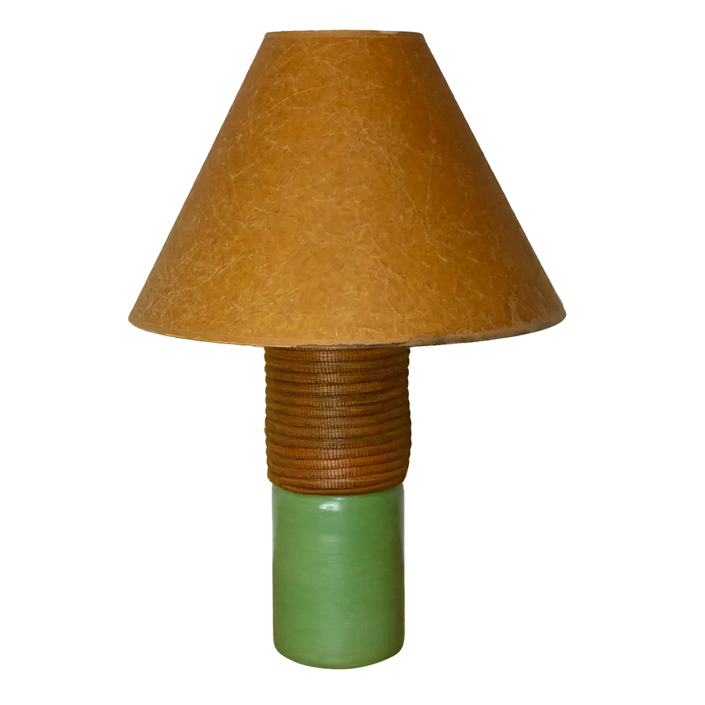 Vintage Rattan & Green Porcelain Lamp~P77718650