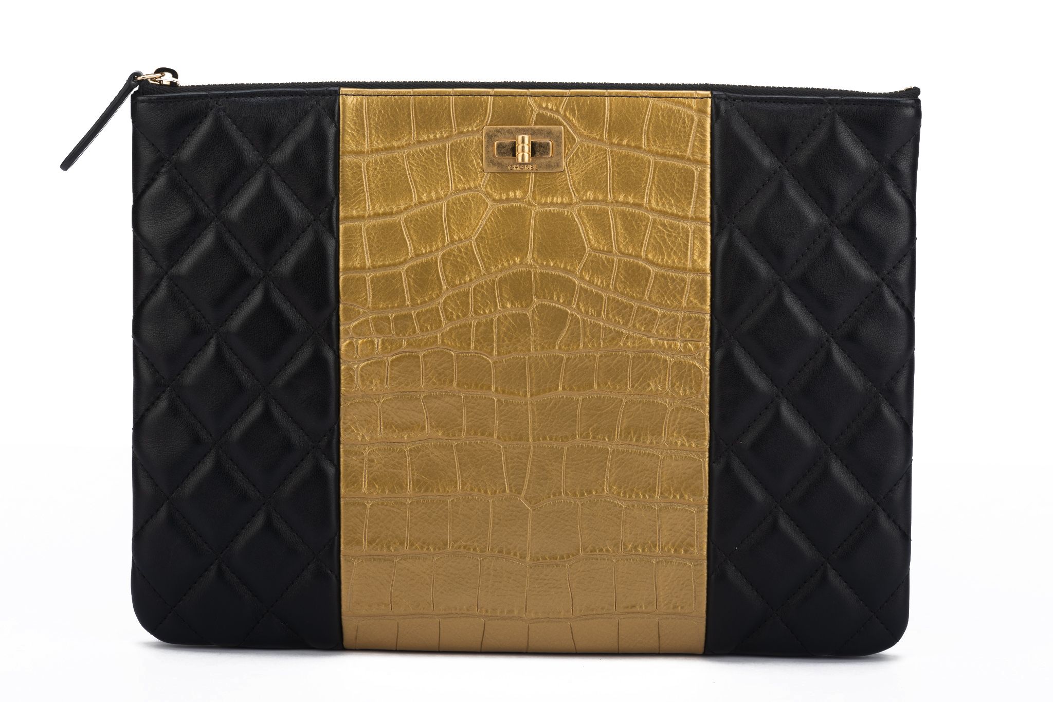 Chanel BNIB Black & Gold Croc Clutch~P77654490