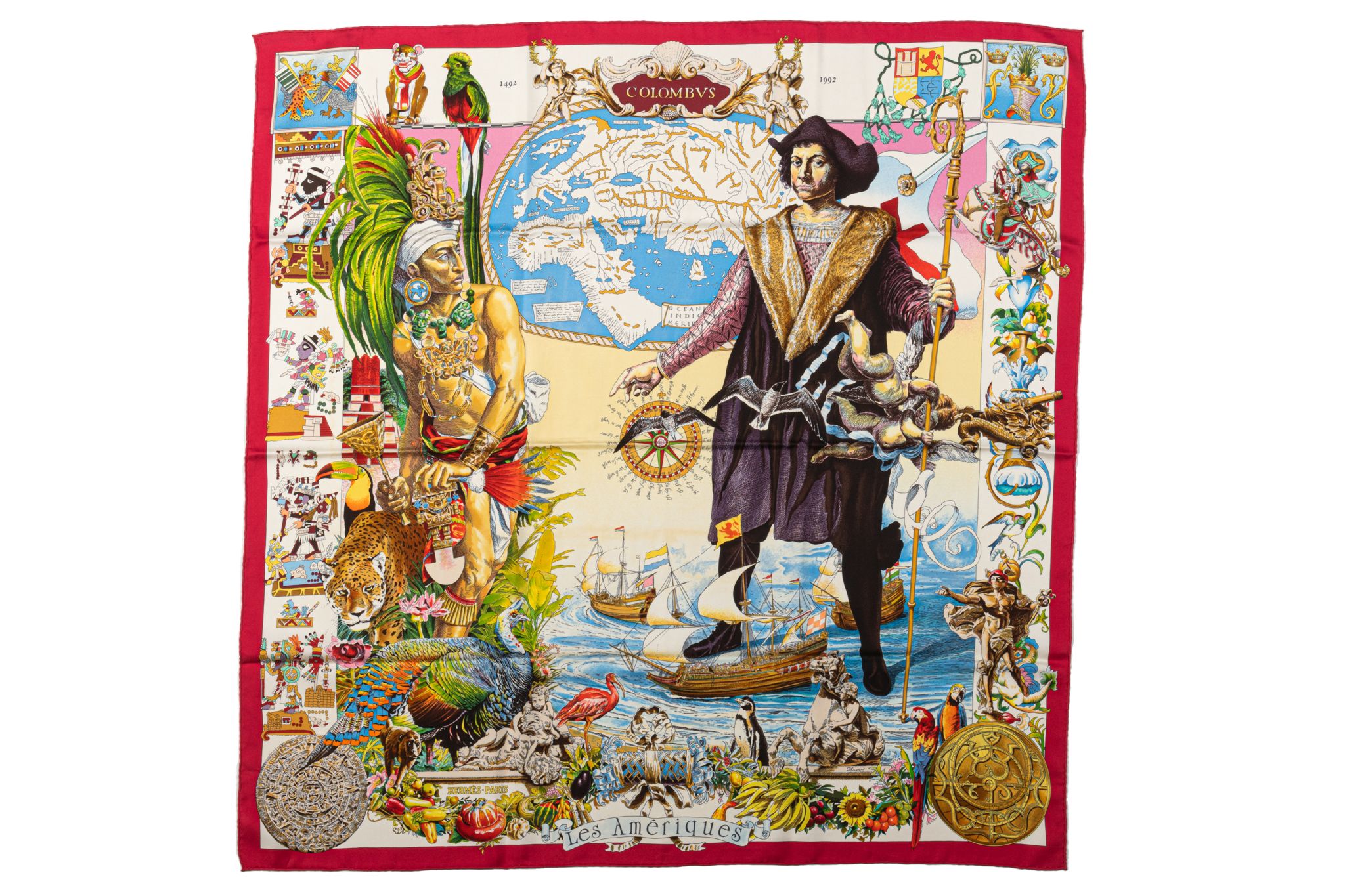 Hermes Silk Rare Colombus Red Scarf~P77659062