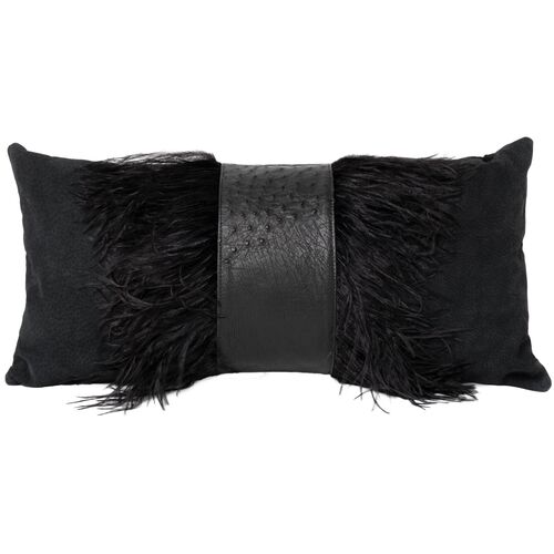 Ostrich Trim 14x22 Lumbar Pillow, Black Leather~P77634709