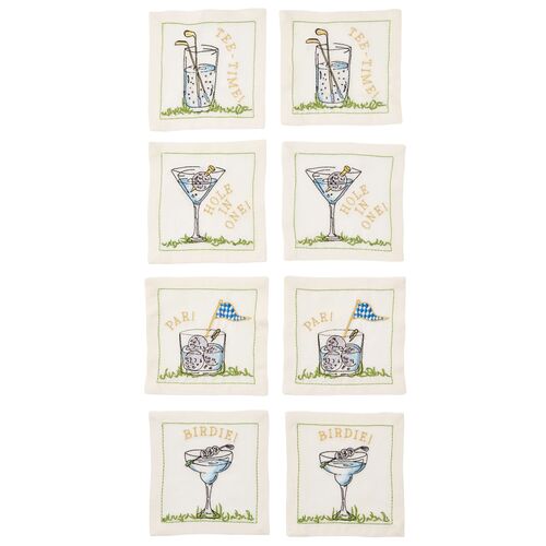S/8 Tee Time Cocktail Linen Napkins, White, Multi S/8 Tee Time Cocktail Linen Napkins, White, Multi