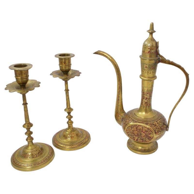 Moroccan Teapot & Candleholders, 3 Pcs