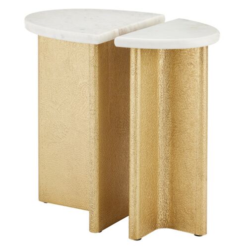 S/2 Doublet Marble Accent Tables, White/Antique Brass