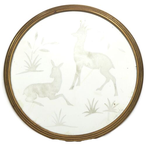 Midcentury Mirrored Glass Tray w/ Deer~P77608144