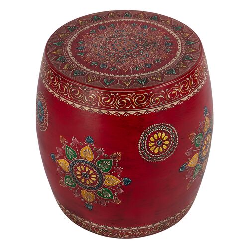 Indira Hand Painted Round Iron Drum Side Table, Red Indira Hand Painted Round Iron Drum Side Table, Red