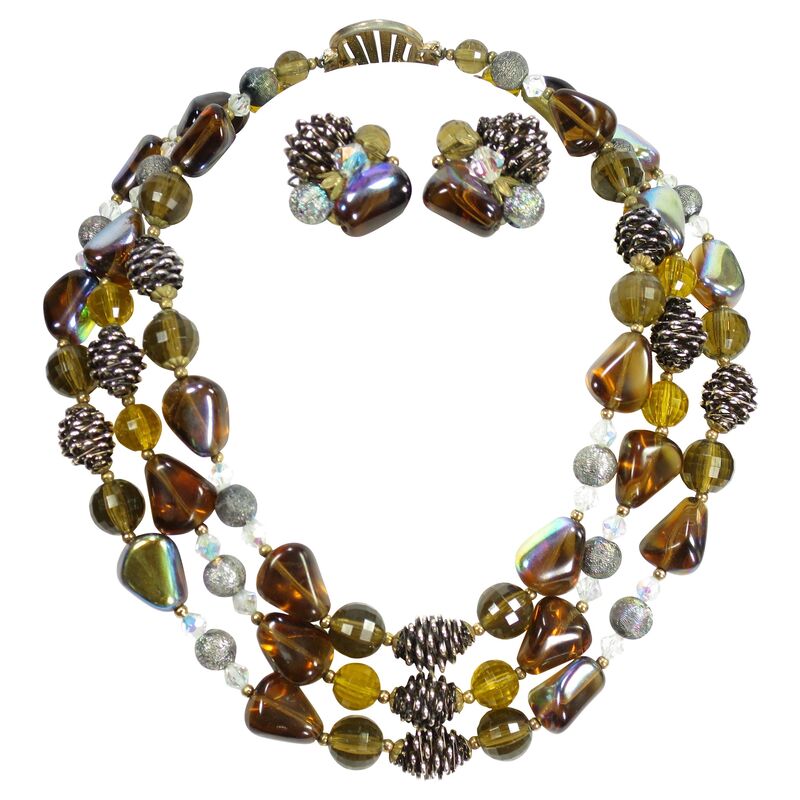 1950s Amber Art Glass Necklace Set