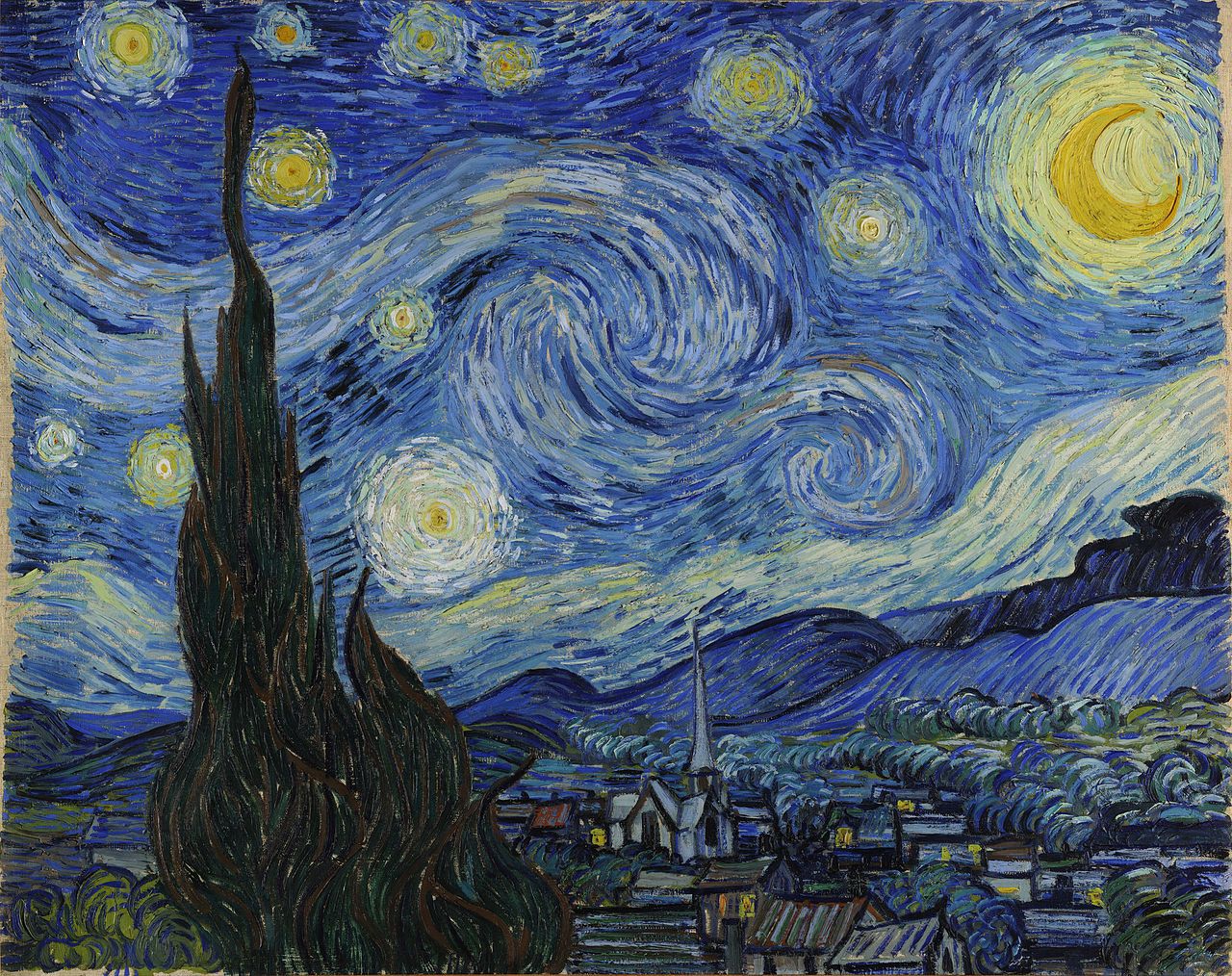 Perhaps his best-known work, The Starry Night (1889) is Van Gogh’s interpretation of the view from his bedroom in a monastery-turned-asylum where he lived for a year. 
