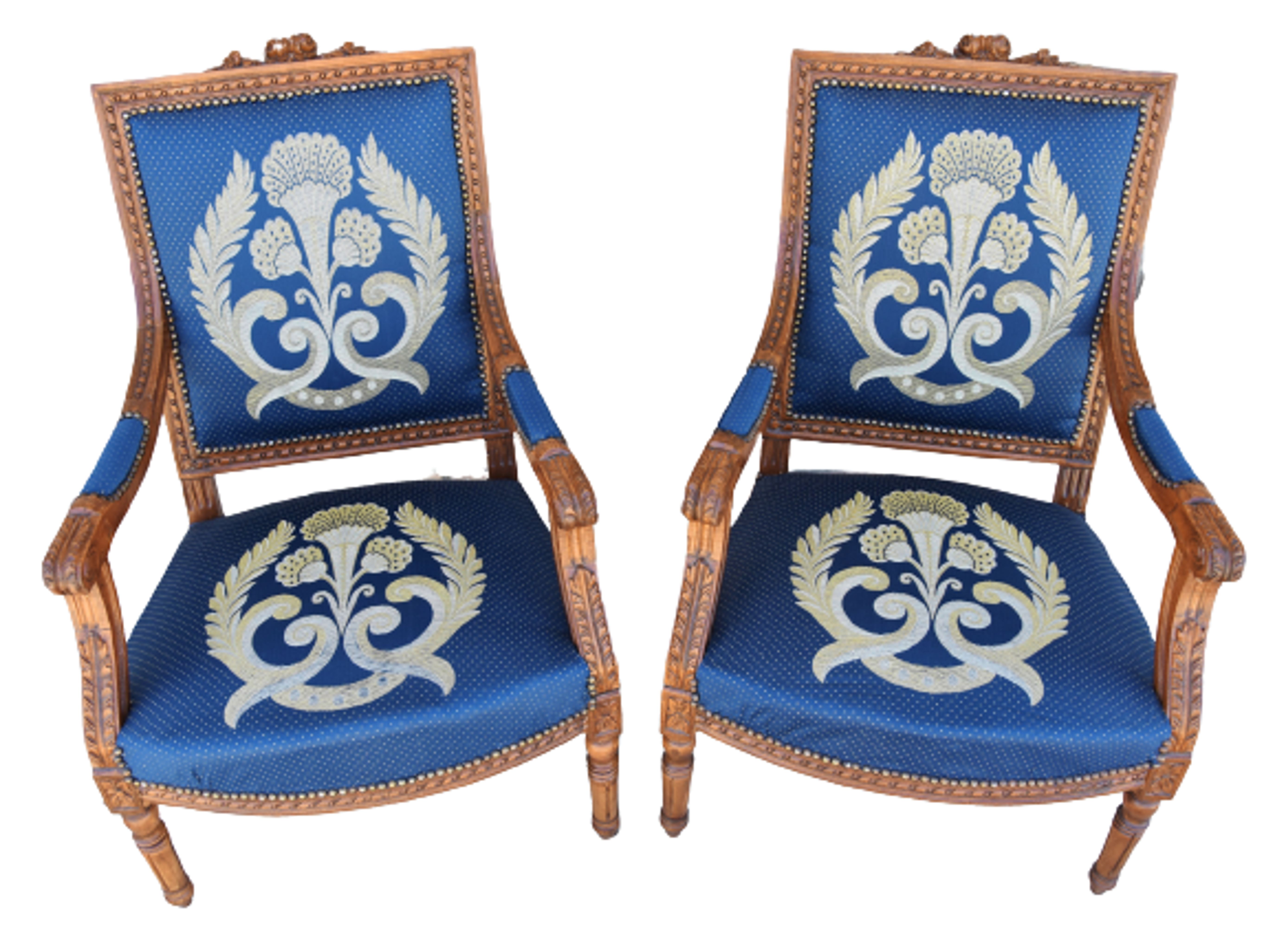 Antique Carved Blue Silk Armchairs, Pr~P77652135