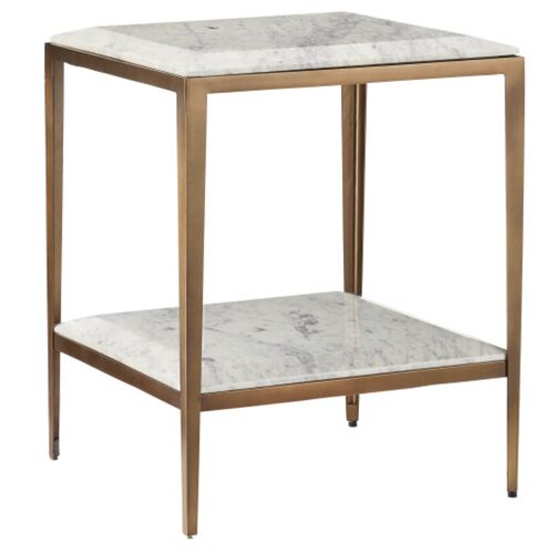 Oblique Marble Side Table, White/Antique Brass