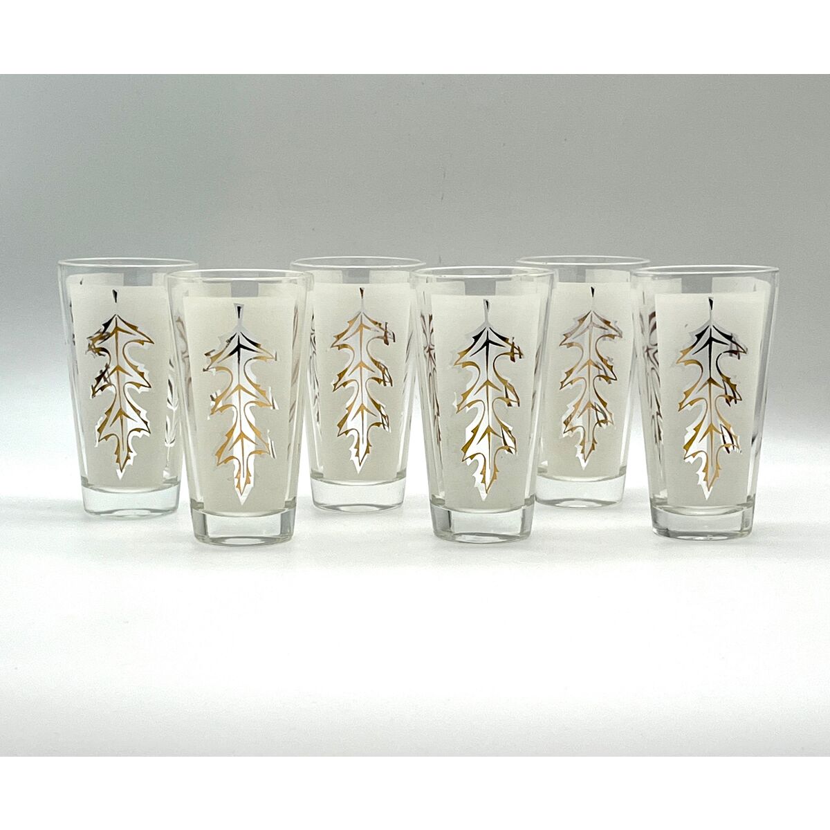 Vintage Set 7 Drinking Glasses 8 oz Frosted Gold Leaf Design Mid