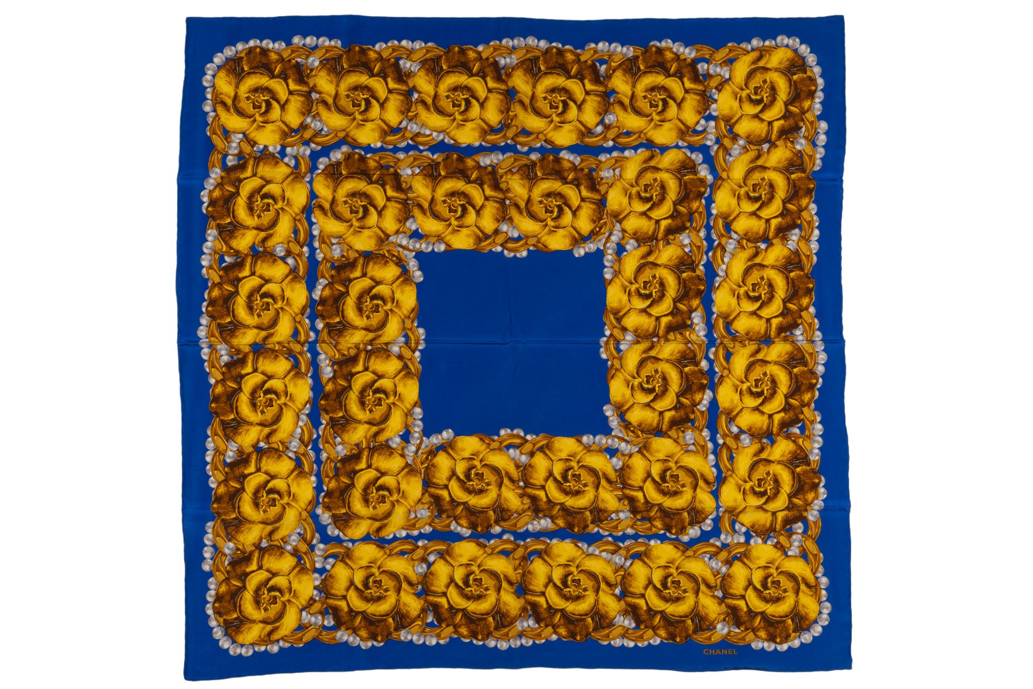 Chanel Vintage "Camellias" Blue Scarf~P77732595