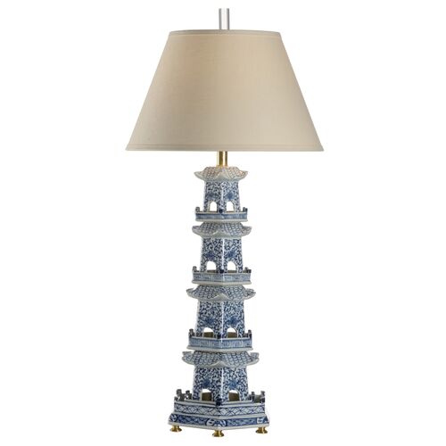 Pagoda Ceramic Table Lamp, Blue/Gold