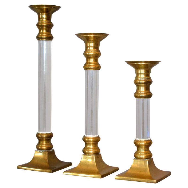 Lucite & Brass Candleholders, S/3
