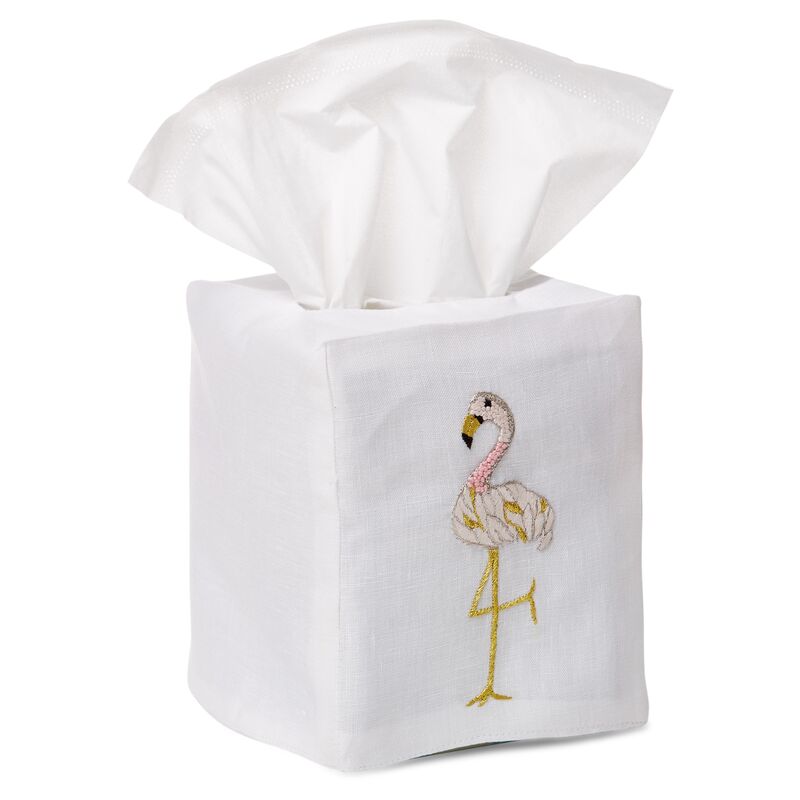 Flamingo Tissue Box Cover, Gold/White