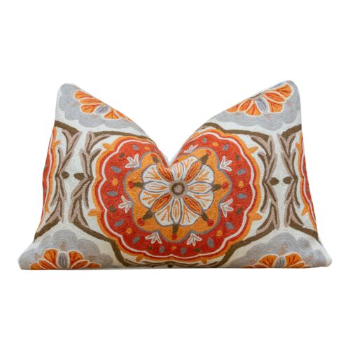 Orange Floral Wool Pillow Throw~P77648421