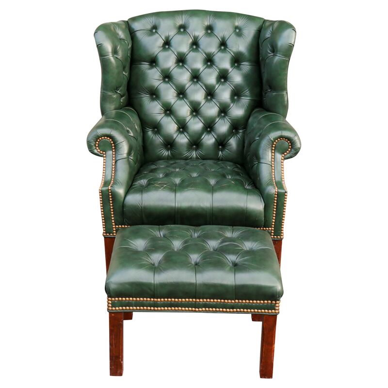 Green Leather Wingback Chair Ottoman, Green Leather Wingback Chair