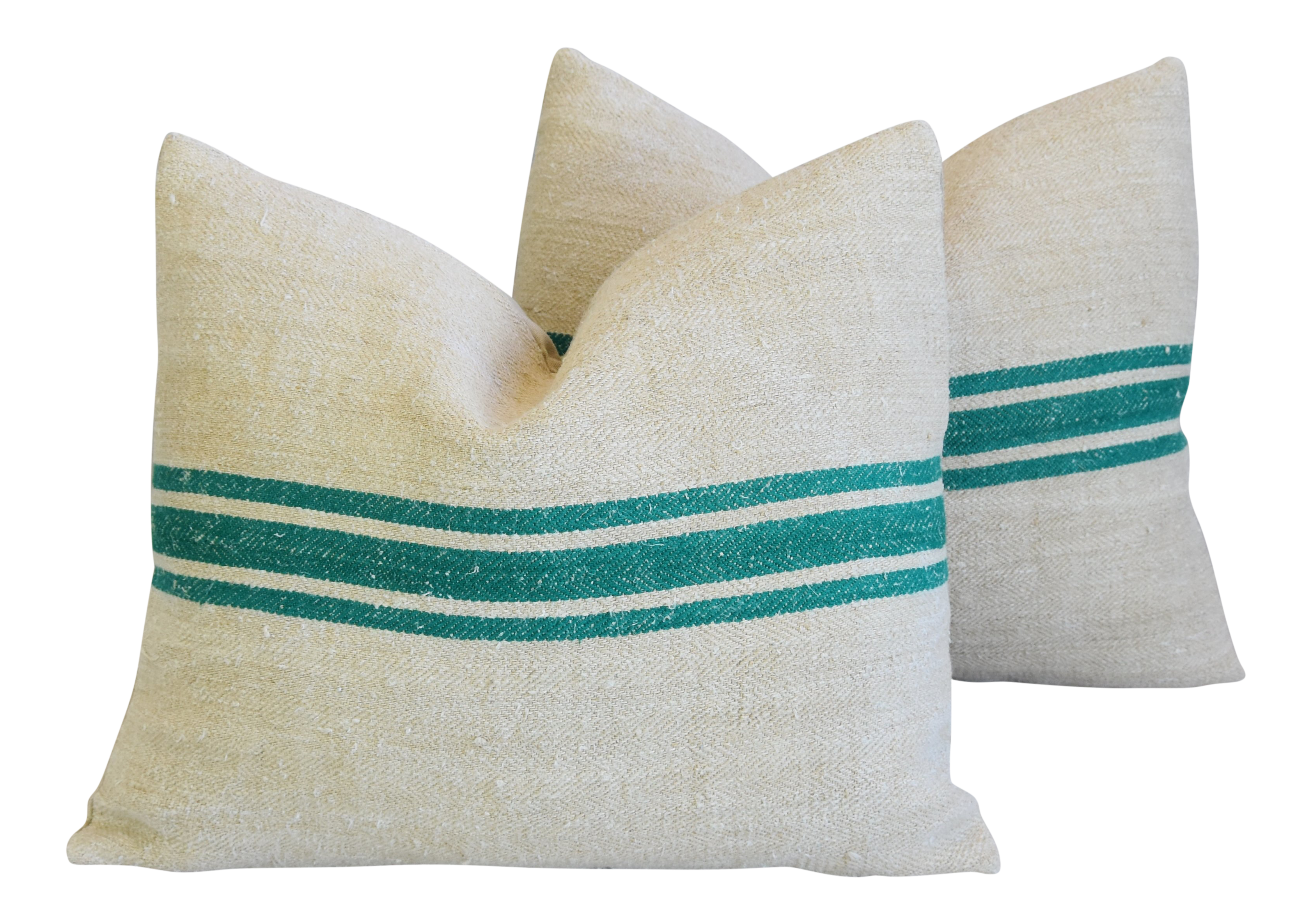 Green Striped Grain-Sack Pillows, Pair~P77689802