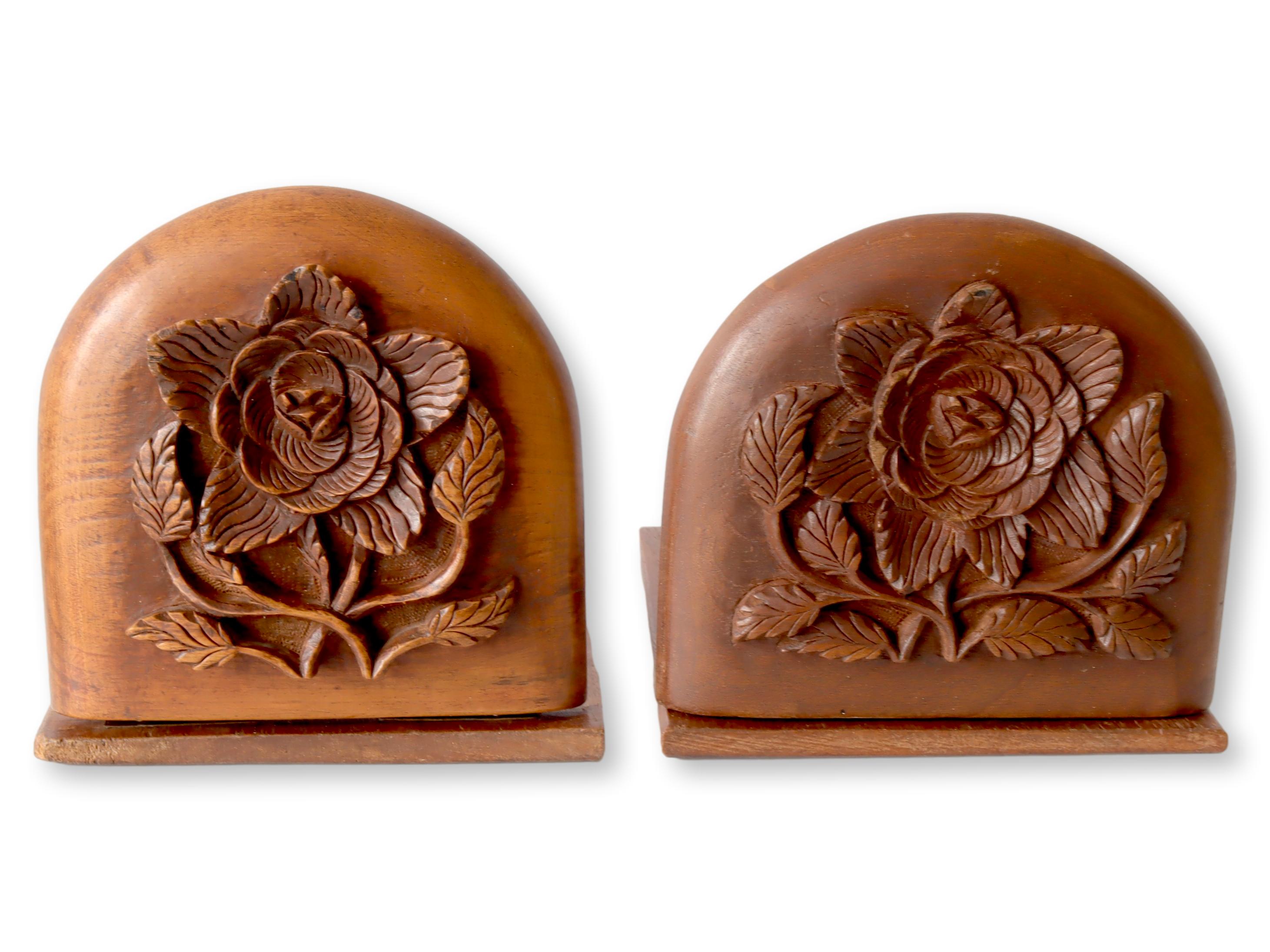 Midcentury Teak Floral Bookends, a Pair