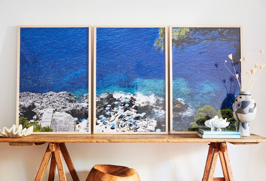 When placed close together, the individual works that make up a diptych or triptych read as one large artwork. And as shown here with Fontelina Cliffside Triptych by Natalie Obradovich, large art doesn’t have to be hung. Photo by Joe Schmelzer.
